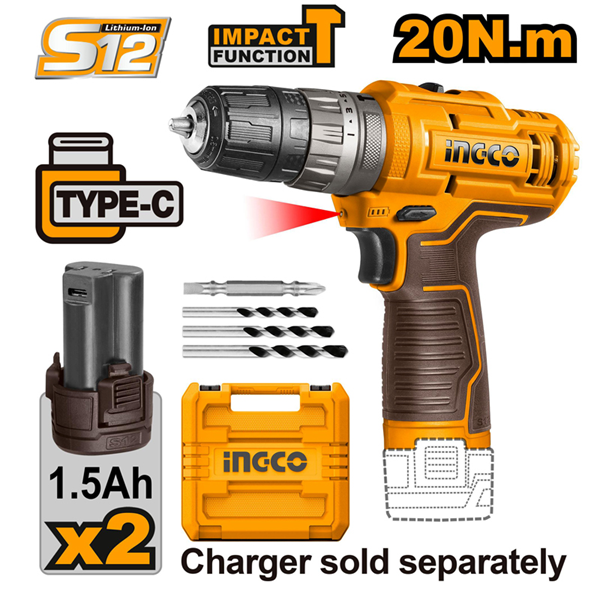 Ingco type c 12 volt hammer drill, model CIDLI12202