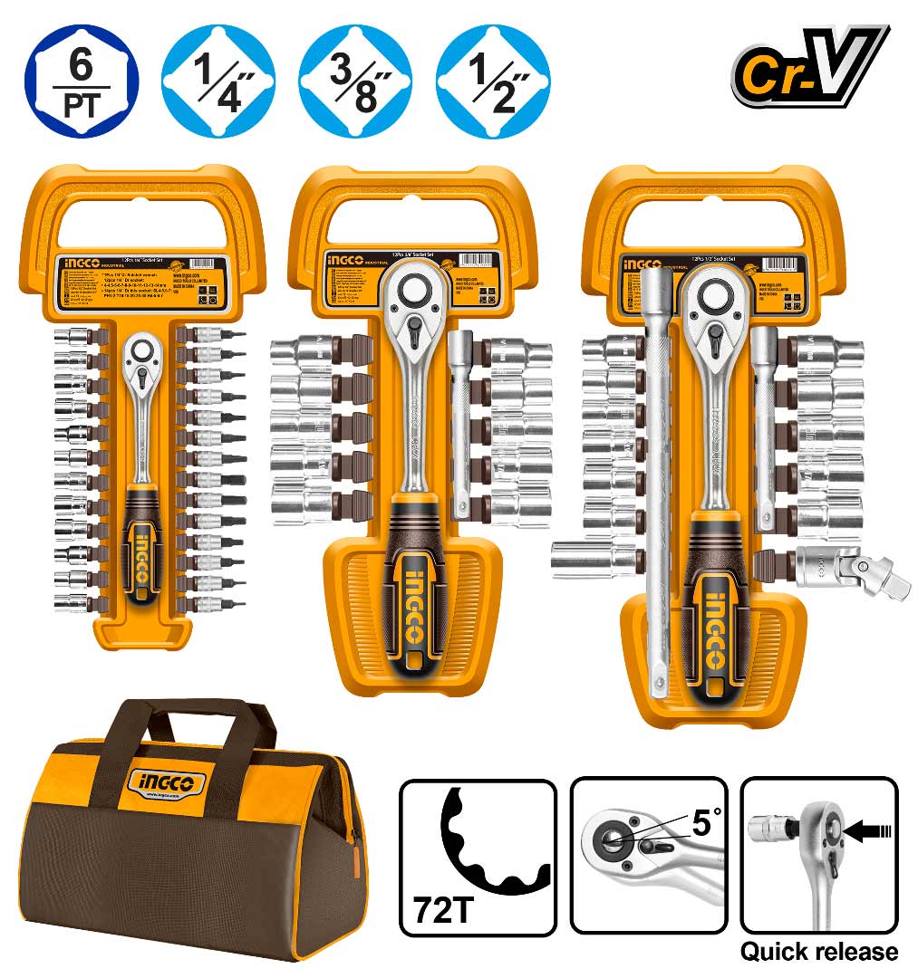 SET 57 PIECES CRICKET AND SICE CR-V 1/4 3/8 1/2 C BAG INGCO COS23092