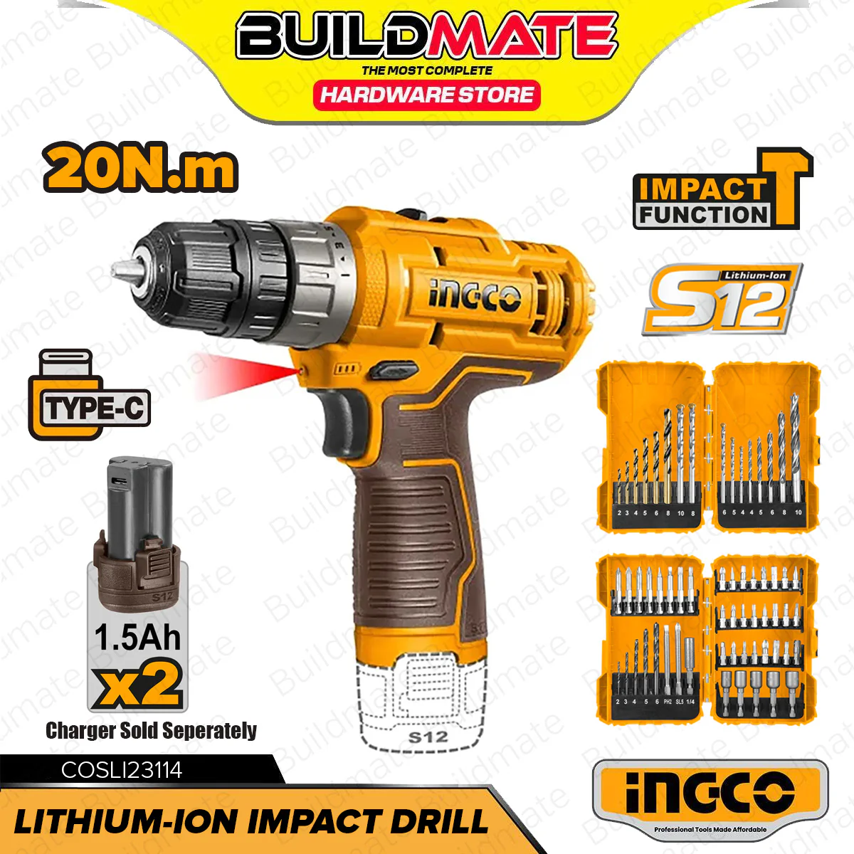 rechargeable screwdriver drill pack and hand drill - Inco COSLI23114