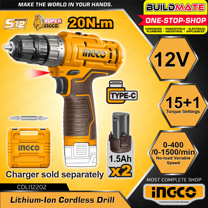 Inco CDLI12202 12V rechargeable screwdriver drill - type C